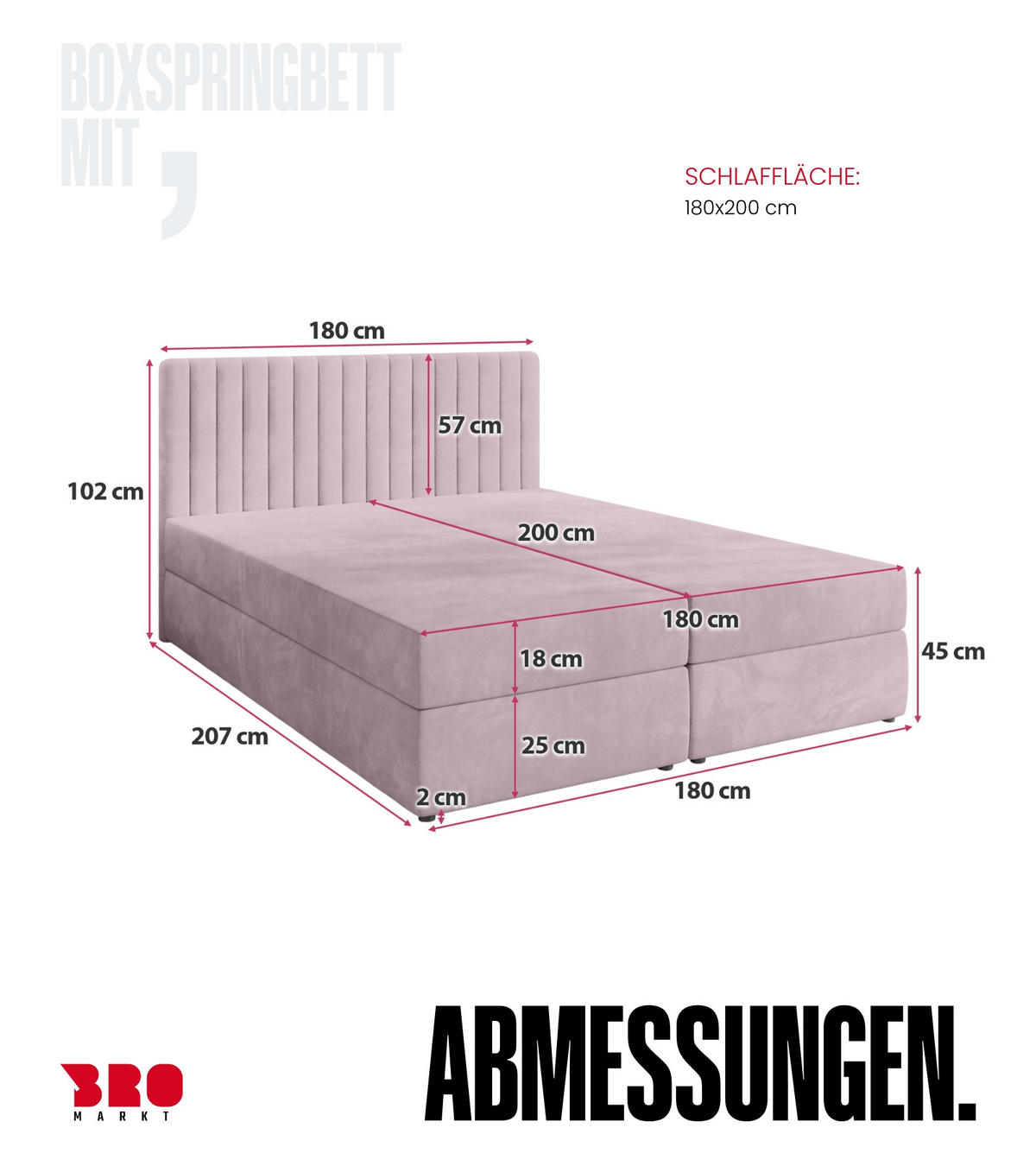BOXBETT Dream mit Topper 180/200 Rosa - Rosa, Holzwerkstoff/Textil (180/200cm) - Bromarkt