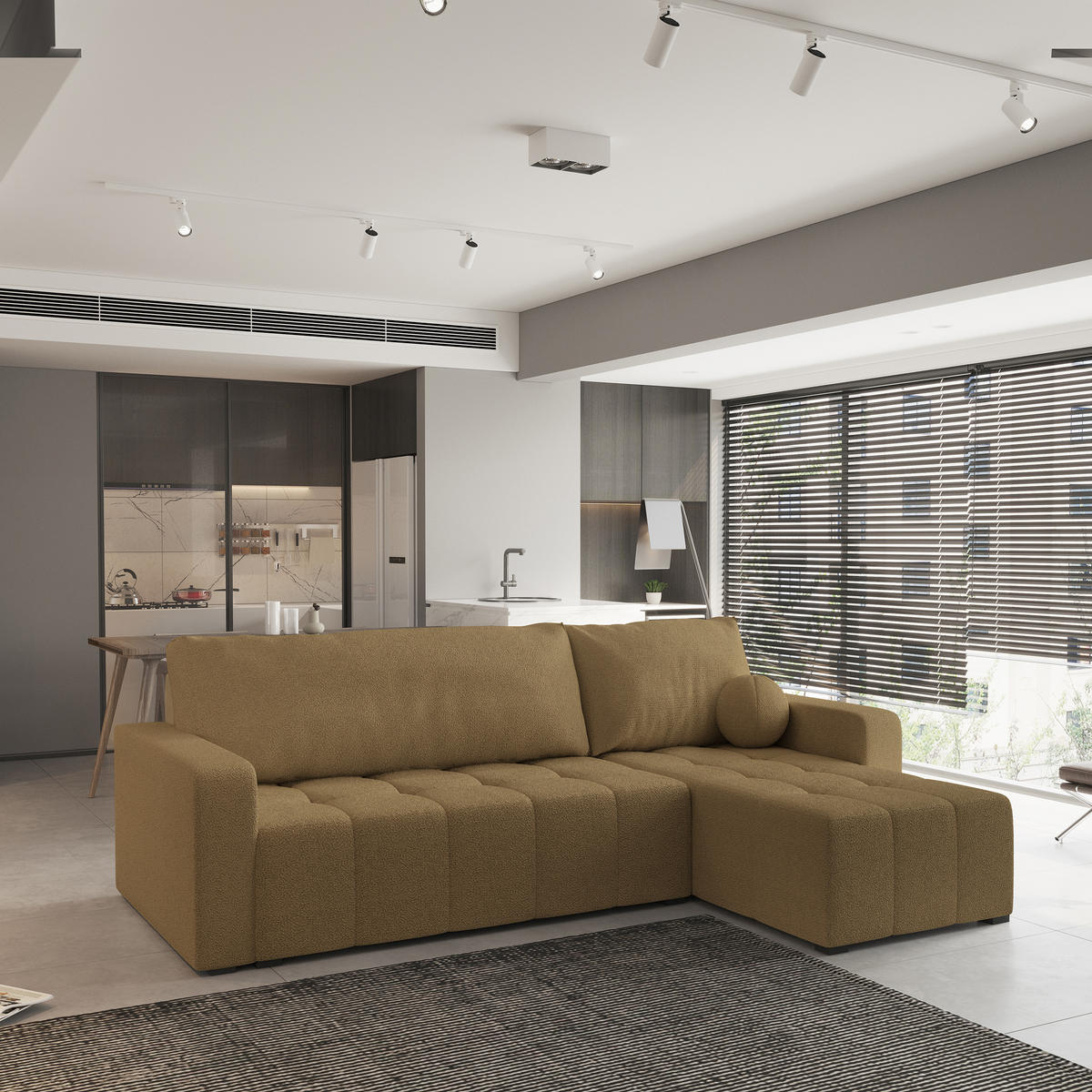 ECKSOFA VOLIRA Orange Boucle-Stoff mit Schlaffunktion - Orange, Holz (230/143cm) - MASSENO