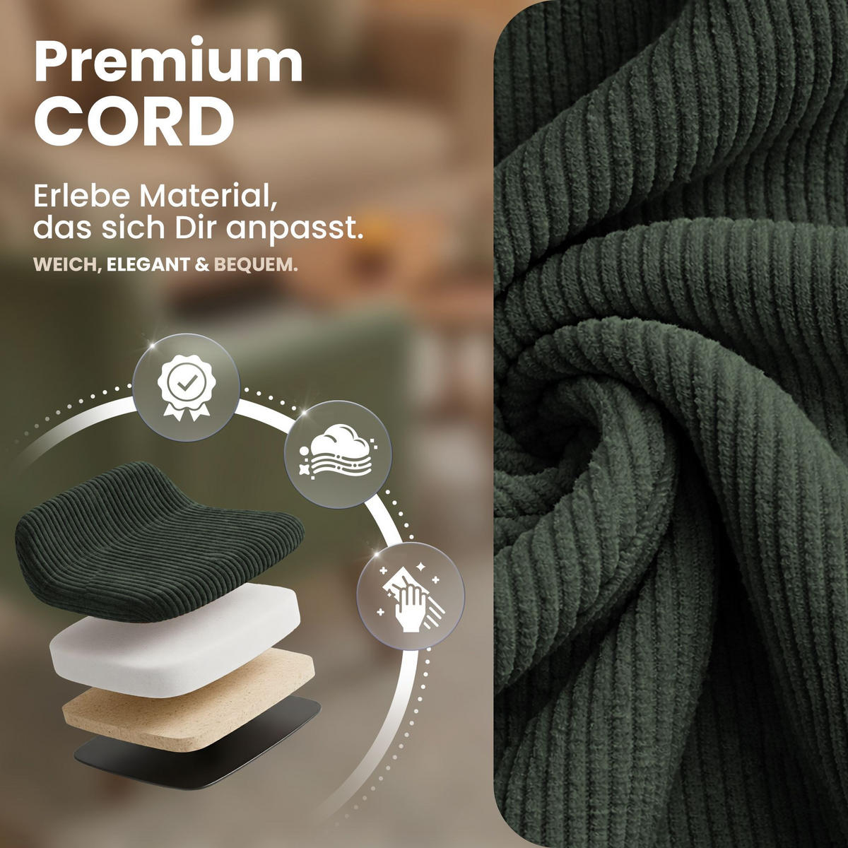 ARMLEHNENSTUHL Cord Grün - Schwarz/Grün, Textil/Metall (59/87/59cm) - CLP