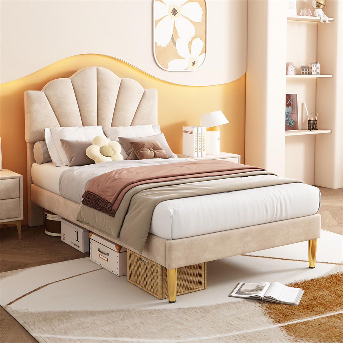 POLSTERBETT 90/200 cm in Beige Samt mit Goldenen Eisenbeinen - Beige, Holz/Textil (90/200cm) - KOMHTOM