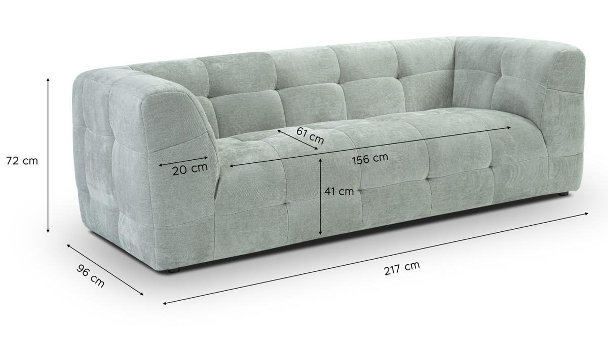 SOFA mintblau Strukturstoff, Couch 2,5-Sitzer 217 cm mit Steppoptik - Blau, Holz/Textil (217/72/96cm) - Inn.Furn