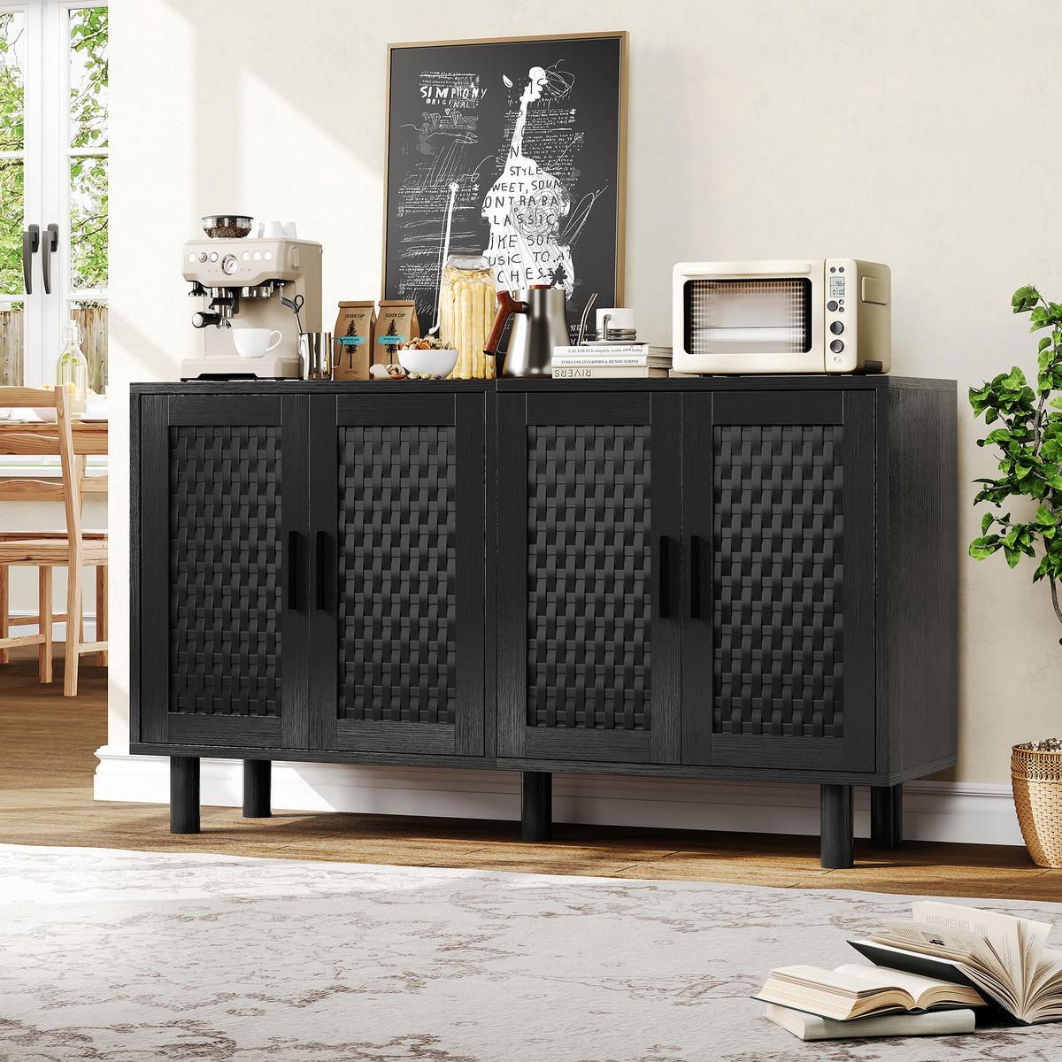 SIDEBOARD Rattan mit Cannage-Türen, verstellbare Einlegeböden, Holzoptik Schwarz - Schwarz, Holz (40/80/140cm) - PARAFTA HOME