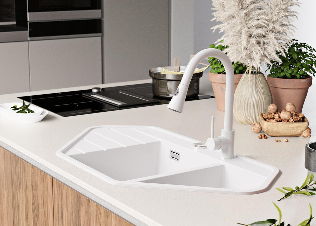 GRANITSPÜLE Kopenhagen Corner, 2-er set Weiß 90/50 cm 1,5 Becken + Küchenarmatur 40/20 cm + Ablauf-Set ab 70er Unterschrank - Chromfarben/Weiß, Kunststoff (90/18/50cm) - Primagran