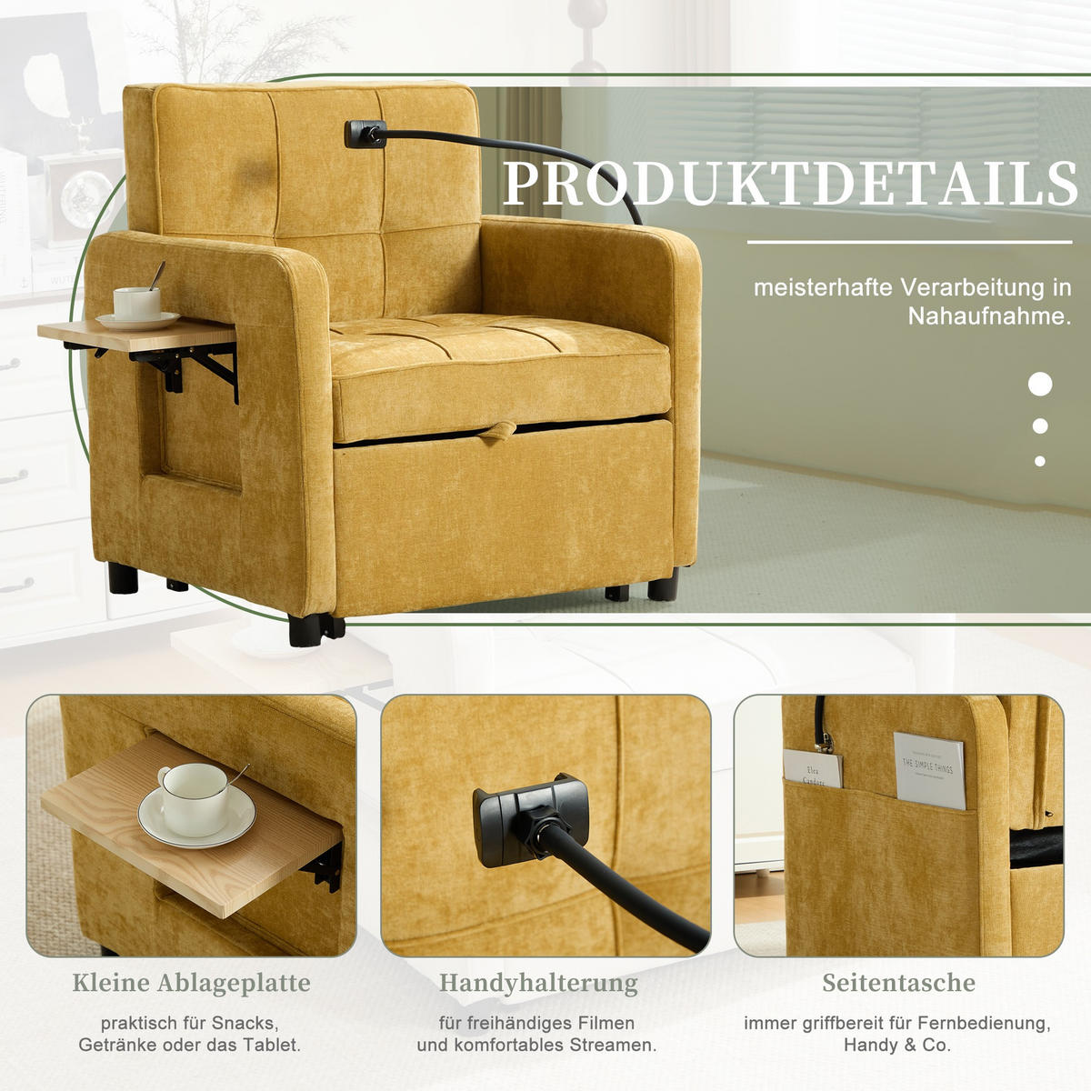 FERNSEHSESSEL Relaxsessel,Polsterliege mit Stauraum,Chenille,Gelb - Gelb, Textil (79/83/167cm) - LVHOM