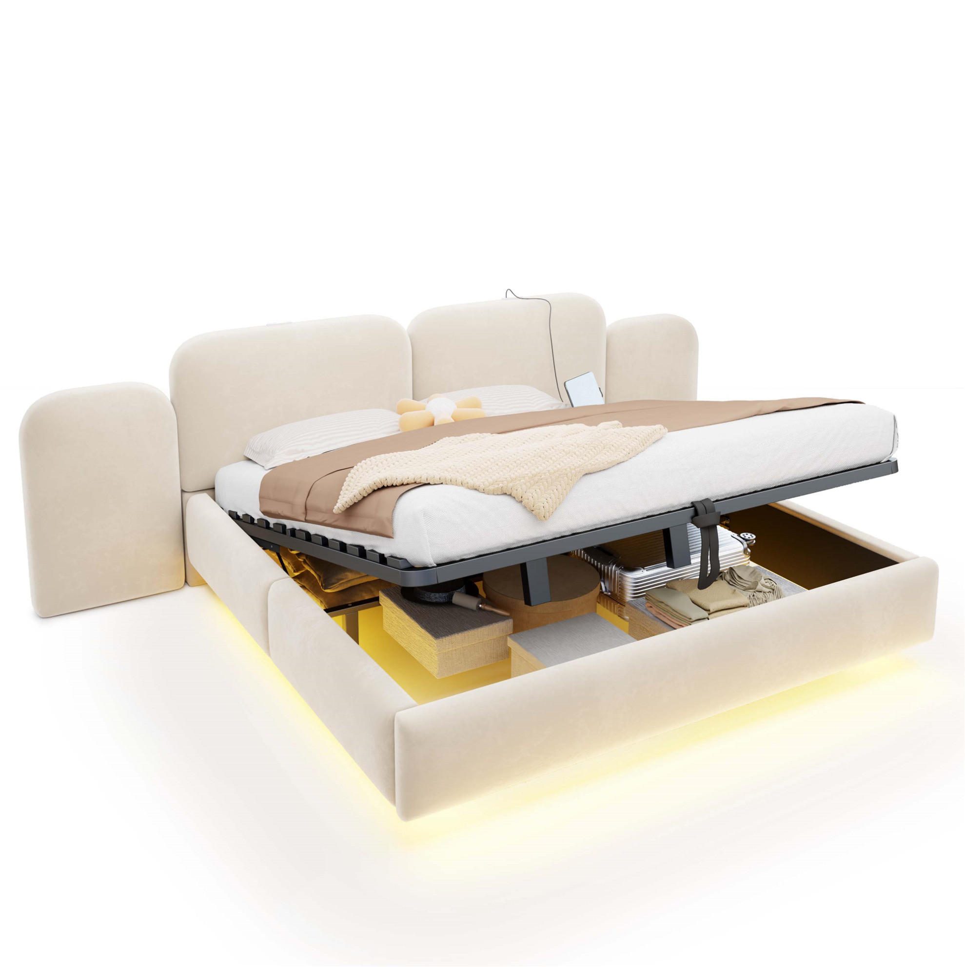 POLSTERBETT aus Samtstoff 180x200 cm Beige mit hydraulischem Bettkasten, RGB-LED und USB-C-Anschluss - Beige, Textil (180/200cm) - Modfu