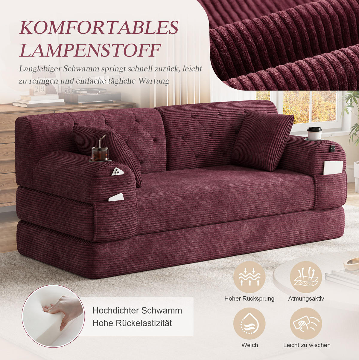 SOFA mit Schlaffunktion, hohe Rückenlehne, 168 x 80 x 81 cm, Cord, Wine Red - Rot, Kunststoff (80/81/168cm) - Meubliv