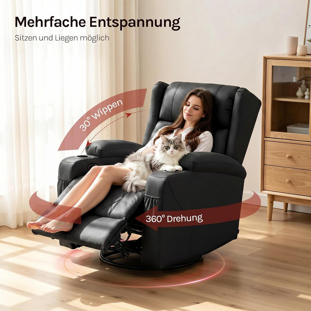 RELAXSESSEL mit Liegefunktion, drehbar, Kunstleder, Schwarz - Schwarz, Kunststoff (87/103.5/94.5cm) - Woltu