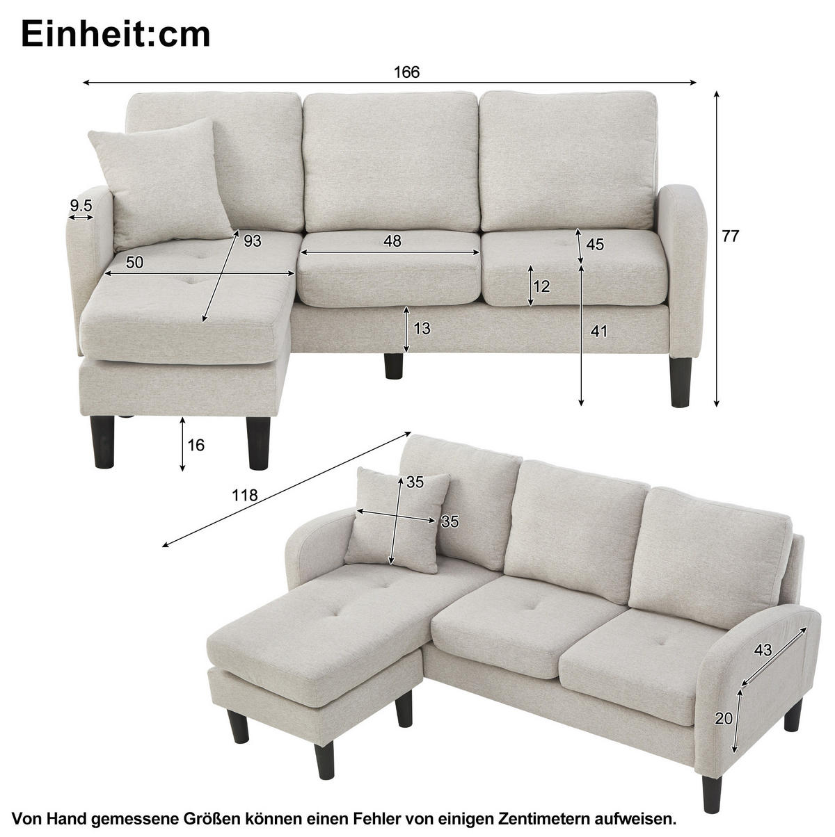 ECKSOFA mit Baumwoll-Leinen-Bezug Beige-Grau/Weiß 166x118x77 cm mit flexibler Chaiselongue - Weiß, Kunststoff (118/166cm) - IVMEU