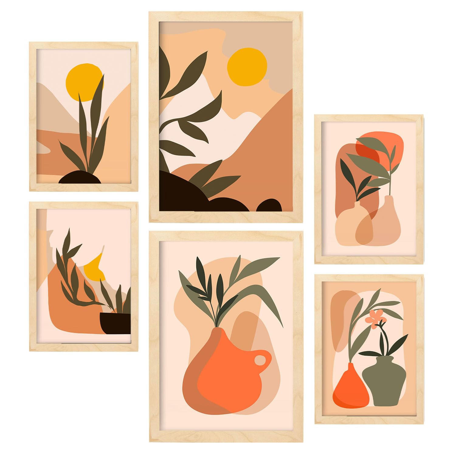 POSTER Set Mit 6 Mondhelle Vasen A3 & A4 Rahmen Aus Hellem Holz - Beige, Papier (29/3cm) - Nacnic