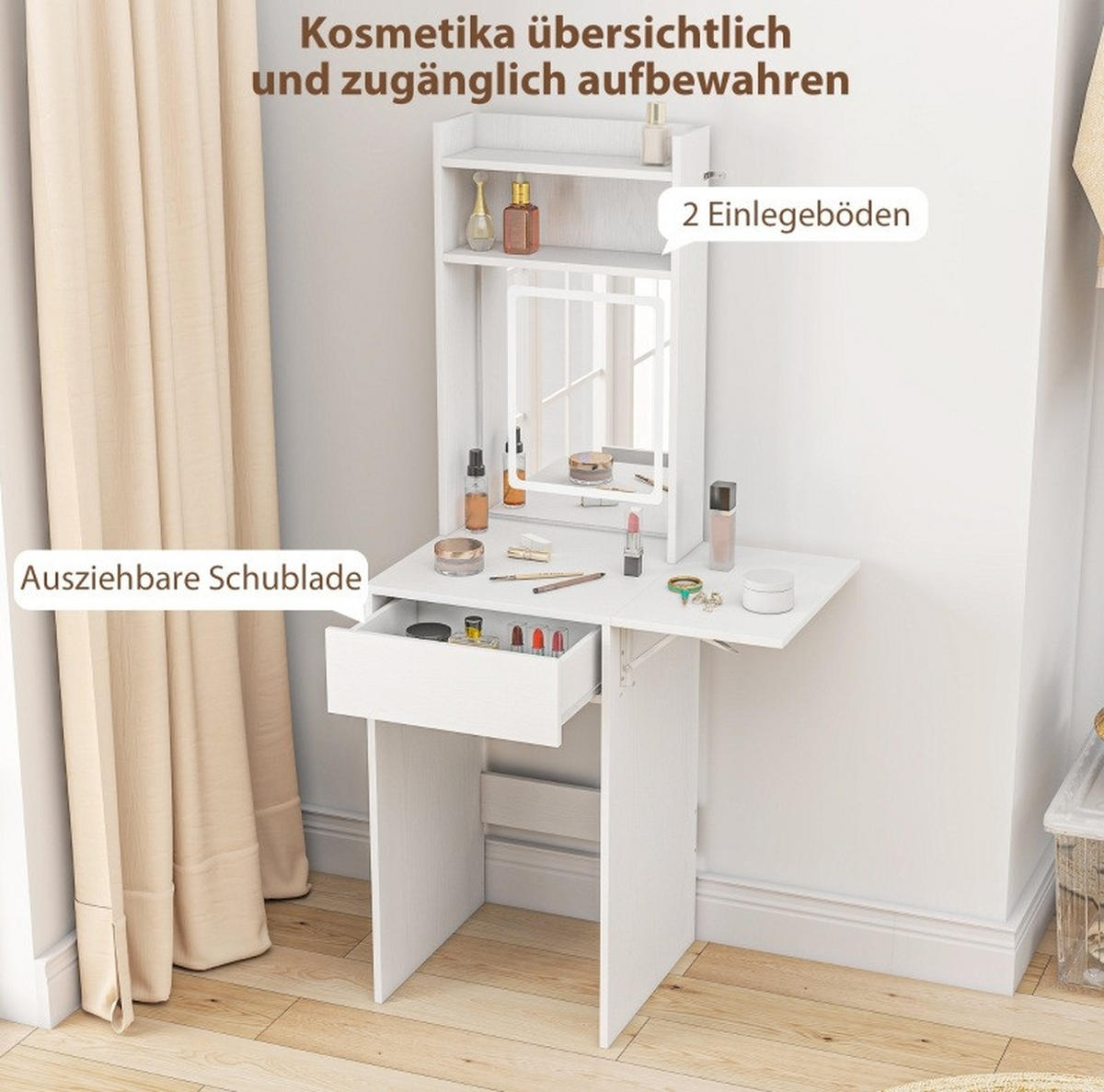 SCHMINKTISCH aus MDF und Spanplatte 45x45x152 cm Weiß mit LED-Spiegel, klappbarer Ablage und Schublade - Weiß, Holz (45/152/45cm) - Modfu
