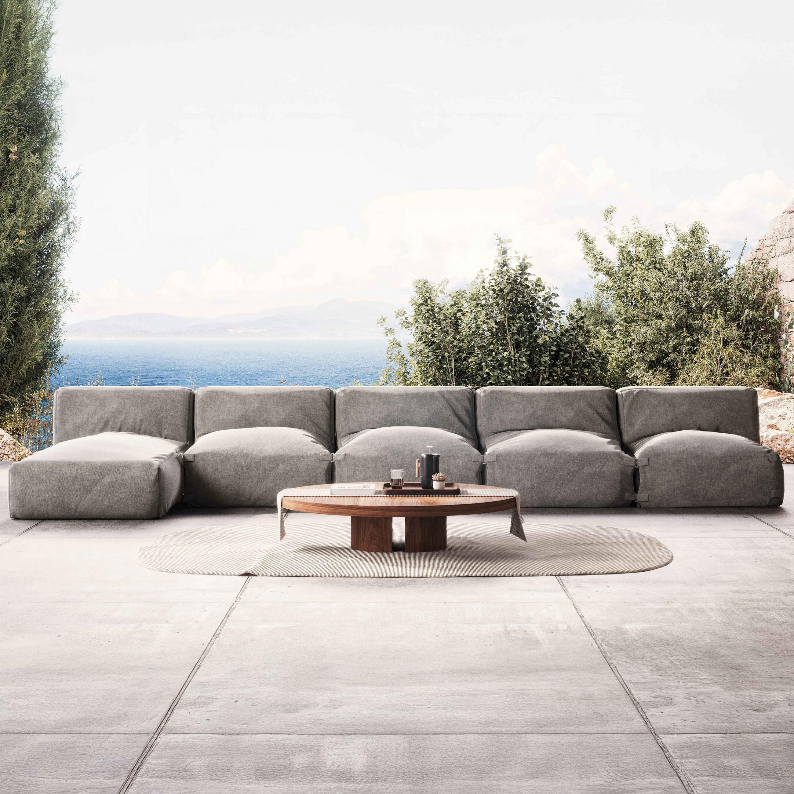 GARTENSOFA mit 5 Sitzplätzen, Grau - Grau, Textil - Oviala