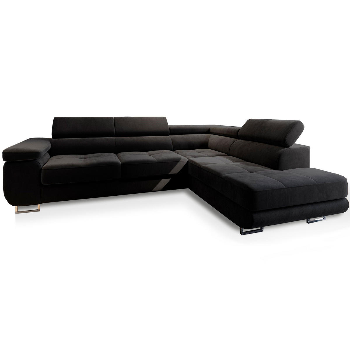 ECKSOFA SELVA R-S Schwarz Velours-Stoff mit Schlaffunktion - Schwarz, Holz (275/202cm) - MASSENO