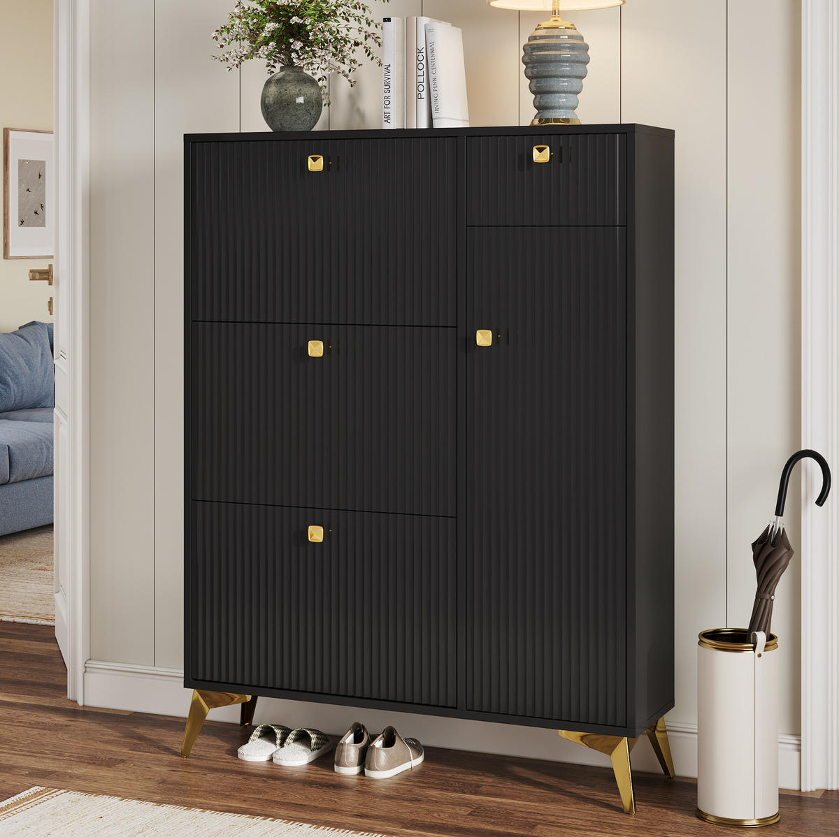 SCHUHSCHRANK aus Spanplatte 90x25x121cm in Schwarz mit Kippsicherung - Schwarz, Holzwerkstoff (90/121/25cm) - Modfu