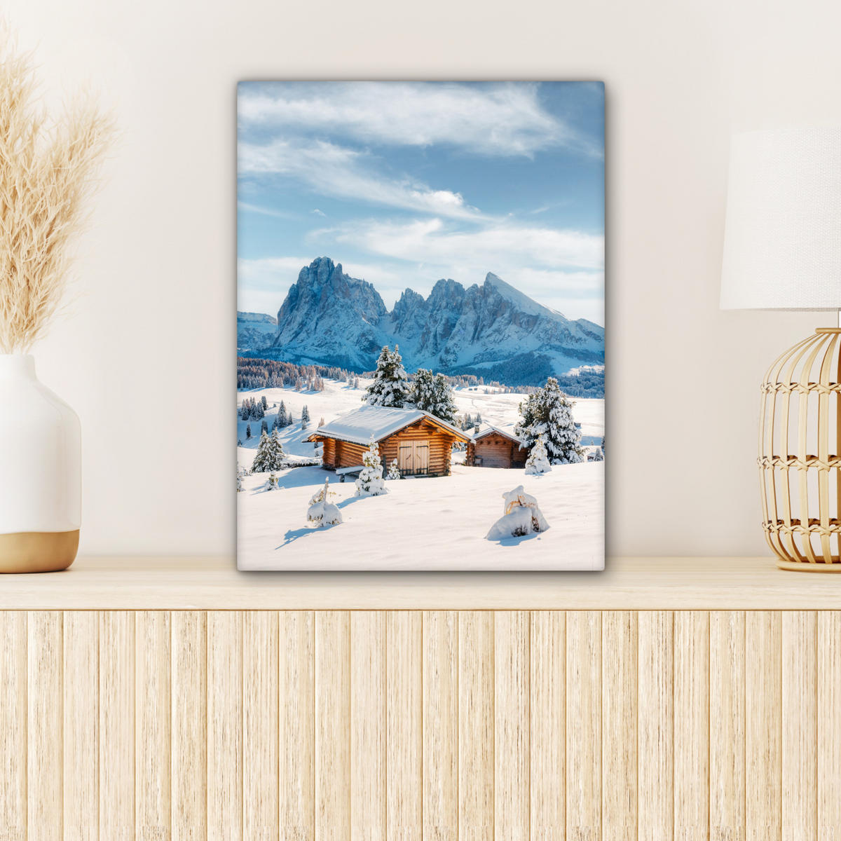 LEINWANDBILD Winter - Hütte - Berge - Aussicht - Schnee 30x40 cm - Eichefarben, Textil (30/40cm) - MuchoWow
