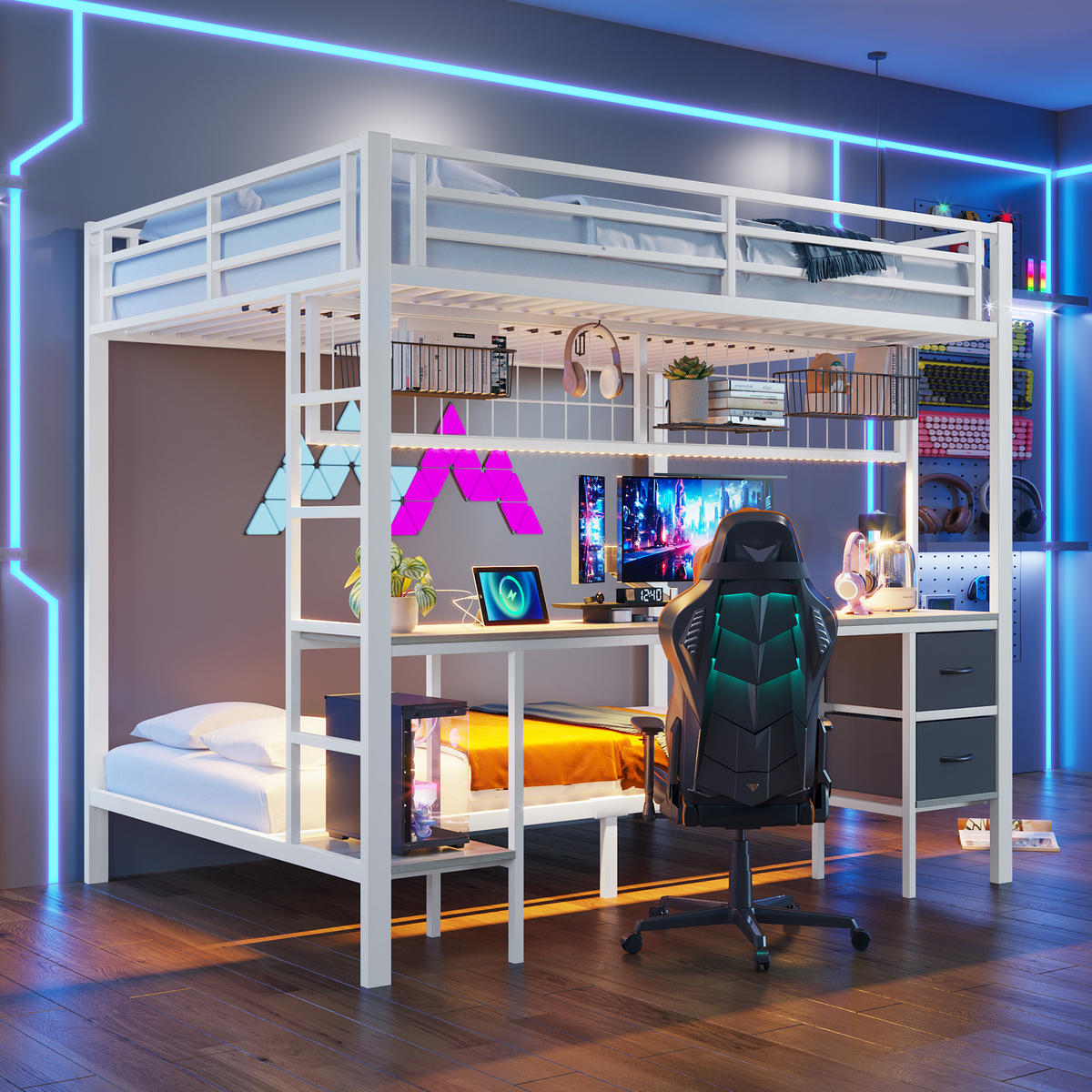 HOCHBETT 90x200cm + 140x200cm Weiß Metall Schubladen Schreibtisch LED - Weiß, Metall (140/200cm) - FLIEKS