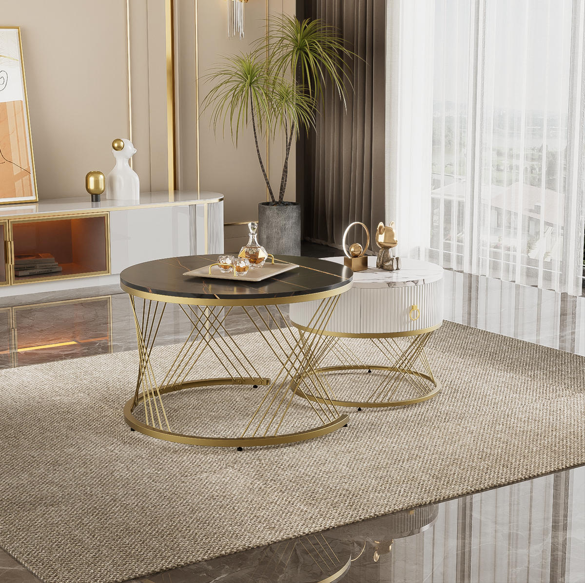 KOMMODE, 2-teiliges Couchtisch-Set aus MDF in Marmor-Optik mit Goldakzenten, 70/70/45 + 50/50/40 cm, Weiß und Gold und Schwarz - Schwarz, Holzwerkstoff (70/70/45cm) - Redom