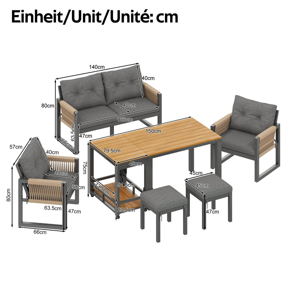VRTNI lounge set 150/79,5/75 cm sivo-prirodno od željeza s odvojivim stolom i pletenim naslonima - siva, metal - OKWISH