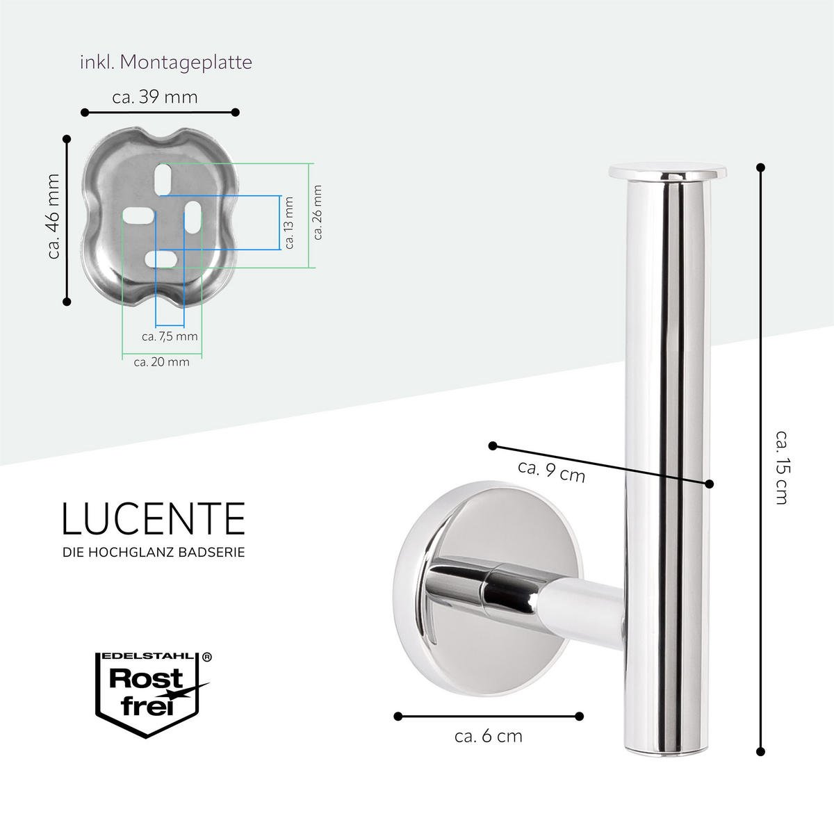 TOILETTENPAPIERHALTER LUCENTE, Edelstahl verchromt - Chromfarben, Metall (15/5.7/9cm) - bremermann
