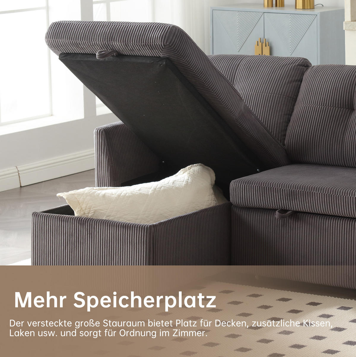 ECKSCHLAFSOFA Cord mit Stauraum und umstellbarer Ottomane Dunkelgrau 206/108/66 cm - Dunkelgrau, Textil (108/206cm) - Redom