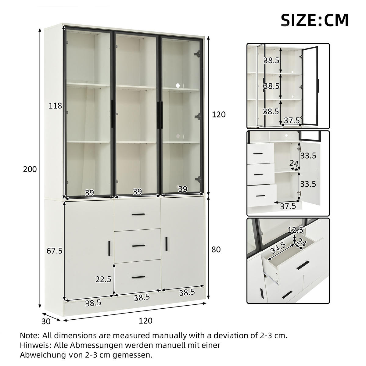 VITRINE 120x30x200 cm Weiß mit LED und 3 Schubladen - Weiß, Holzwerkstoff (120/200/30cm) - FLIEKS