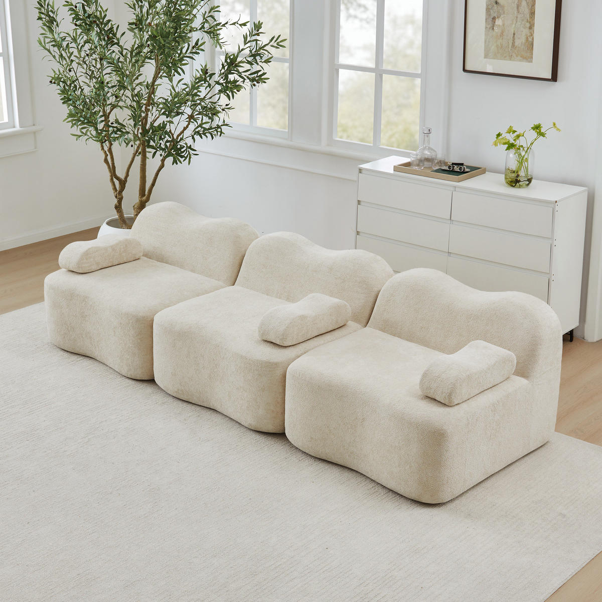 SOFA modular mit tiefer Sitzfläche Samt Beige - Beige, Holzwerkstoff (98/70/288cm) - Meubliv