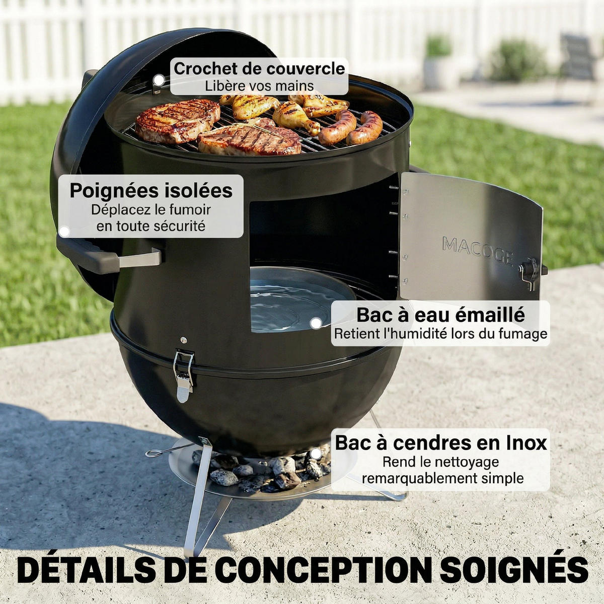 RAUCHER DE-18277 3-in-1 mit 3 Grillrosten & Thermometer Schwarz - Schwarz, Metall (47.5/91/62.5cm) - ComfortXL