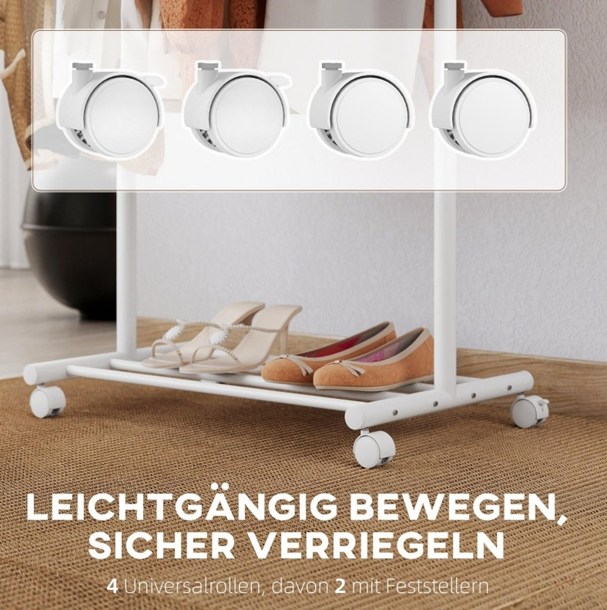 GARDEROBE 68/171/43 cm Weiß aus Metall mit Rollen - Weiß, Metall (43/171/68cm) - OKMYHOME
