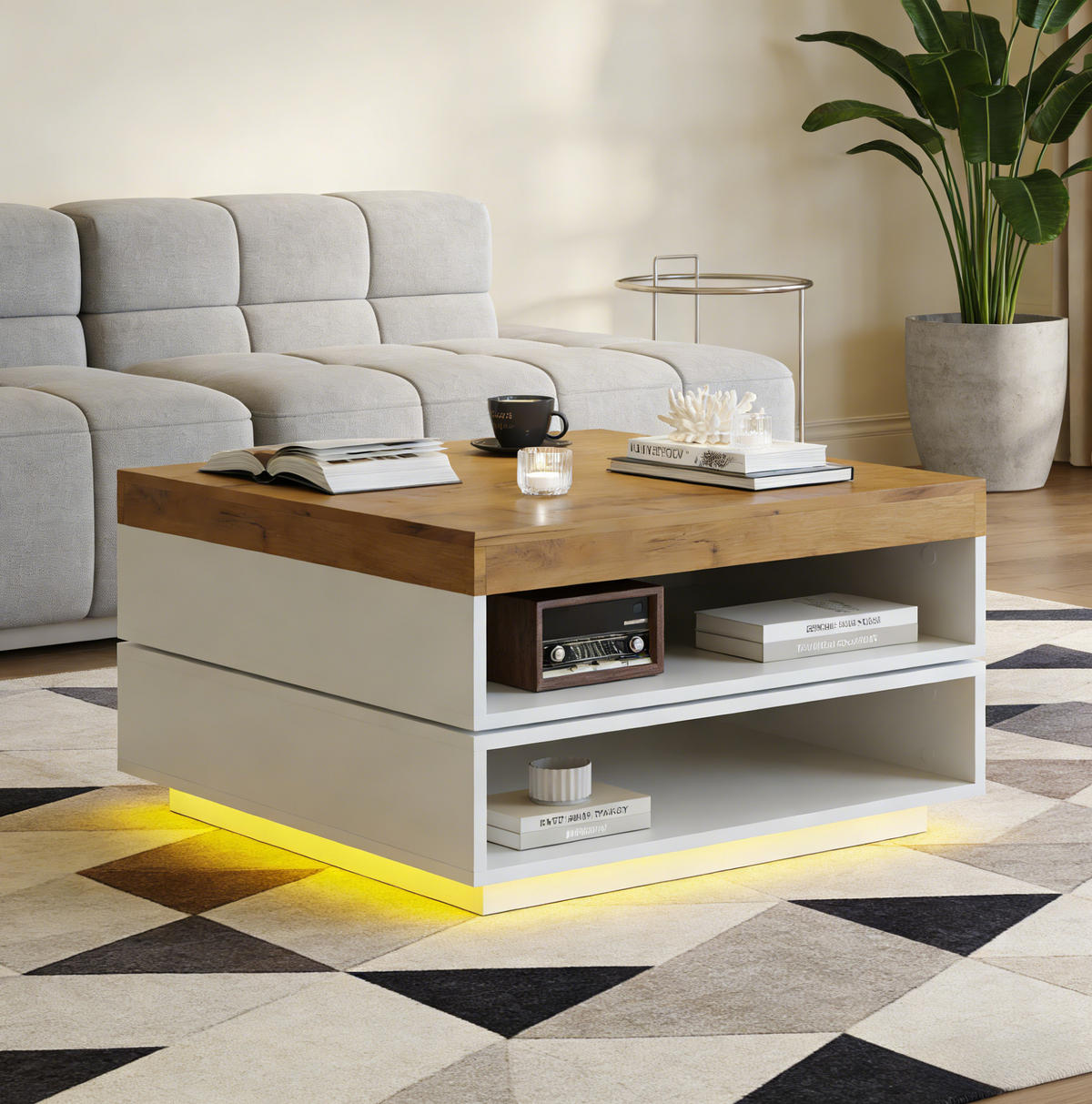 COUCHTISCH 65/65/40 cm mit LED-Beleuchtung und 360° drehbarer Tischplatte - Weiß, Holzwerkstoff (65/65/40cm) - Flora Grace