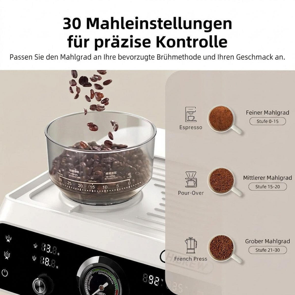 SIEBTRÄGERMASCHINE 2-in-1 mit Mahlwerk & Touchscreen Dual-Heizsystem - Beige, Metall (41.4/46.7/39cm) - BEXEVUE