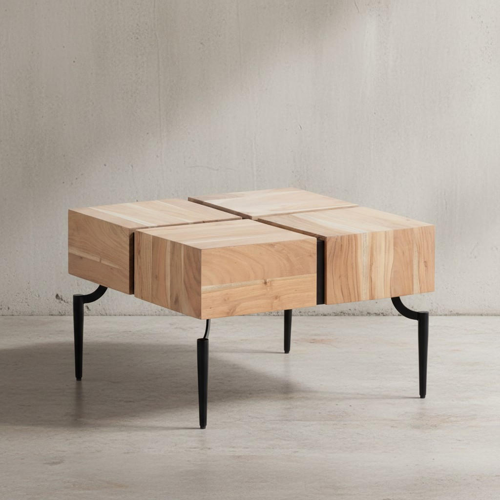 COUCHTISCH Massivholz Quadratisch Metallgestell Würfel-Form Modern, Akazie 60x60x40 cm - Schwarz/Akaziefarben, Holz/Metall (60/60/40cm) - KADIMA DESIGN