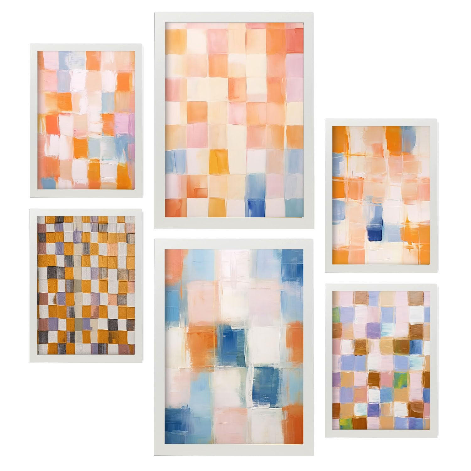 POSTER Set Mit 6 Orange Und Blau Mosaik 2 A3 & A4 Weißer Rahmen - Weiß, Papier (29/3cm) - Nacnic