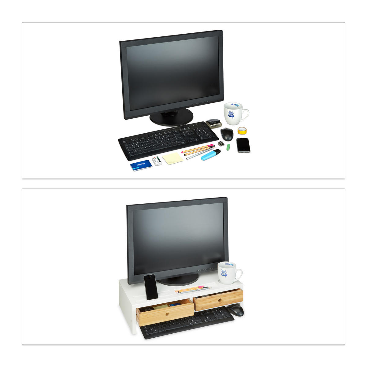 MONITORSTÄNDER Weiß Natur Bambus 2 Schubladen - Weiß, Holz (30/60/14cm) - Relaxdays