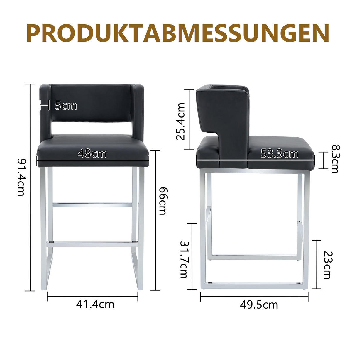 BARSTUHL 2er-Set 91,4 cm PU-Leder Schwarz mit silberfarbenen Metallbeinen - Silberfarben, Metall (53.3/91.4/48cm) - Meubliv