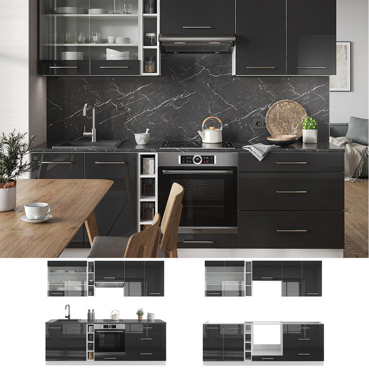 KÜCHENZEILE Fame-Line Anthrazit Hochglanz/Weiß 235 cm ohne AP - Anthrazit/Weiß, Holzwerkstoff (235/81.6/46cm) - Vicco