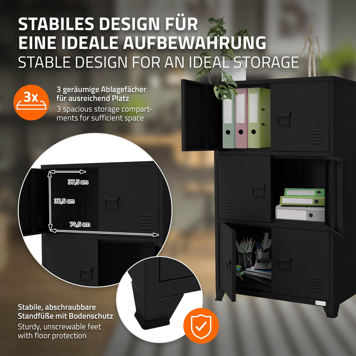 AKTENSCHRANK 75x40x120 cm Schwarz aus Stahl - Schwarz, Metall (40/120/75cm) - ML-DESIGN