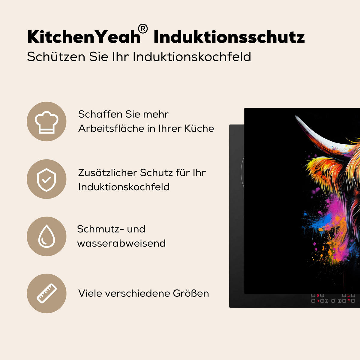 HERDABDECKPLATTE Schottischer Highlander - Graffiti - Bunt - Blume - Tiere Induktionsmatte 77x51 cm - Multicolor, Kunststoff (77/51/0.2cm) - MuchoWow