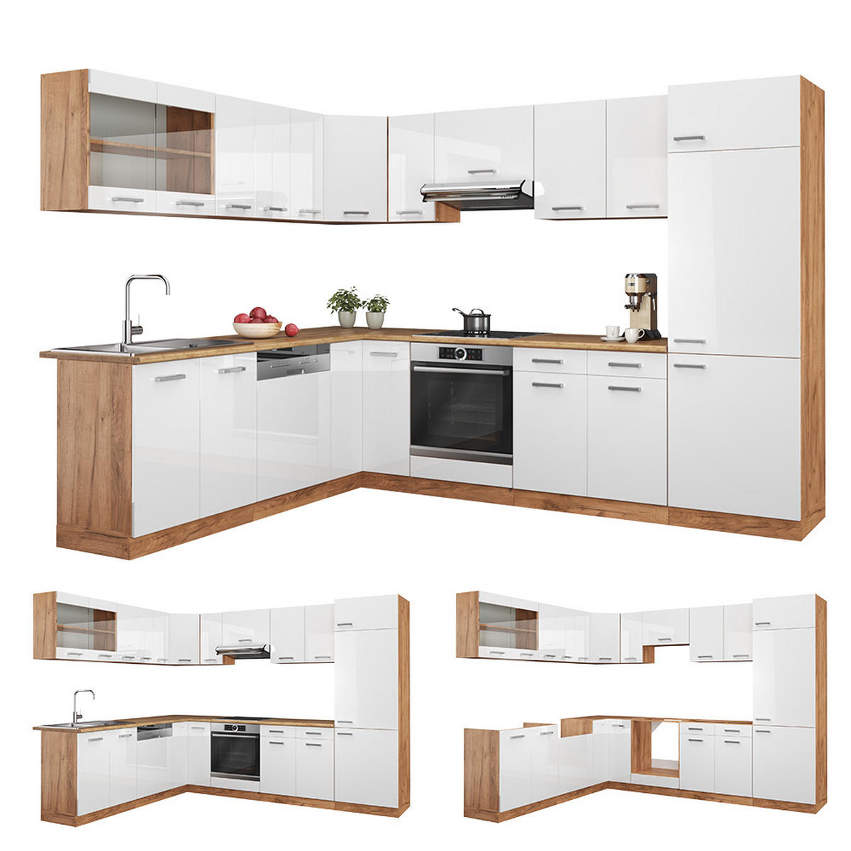ECKKÜCHE R-Line Weiß Hochglanz/Goldkraft Eiche 227 x 287 cm AP Anthrazit - Weiß Hochglanz/Eiche Wotan, Holzwerkstoff (287/81.6/60cm) - Vicco