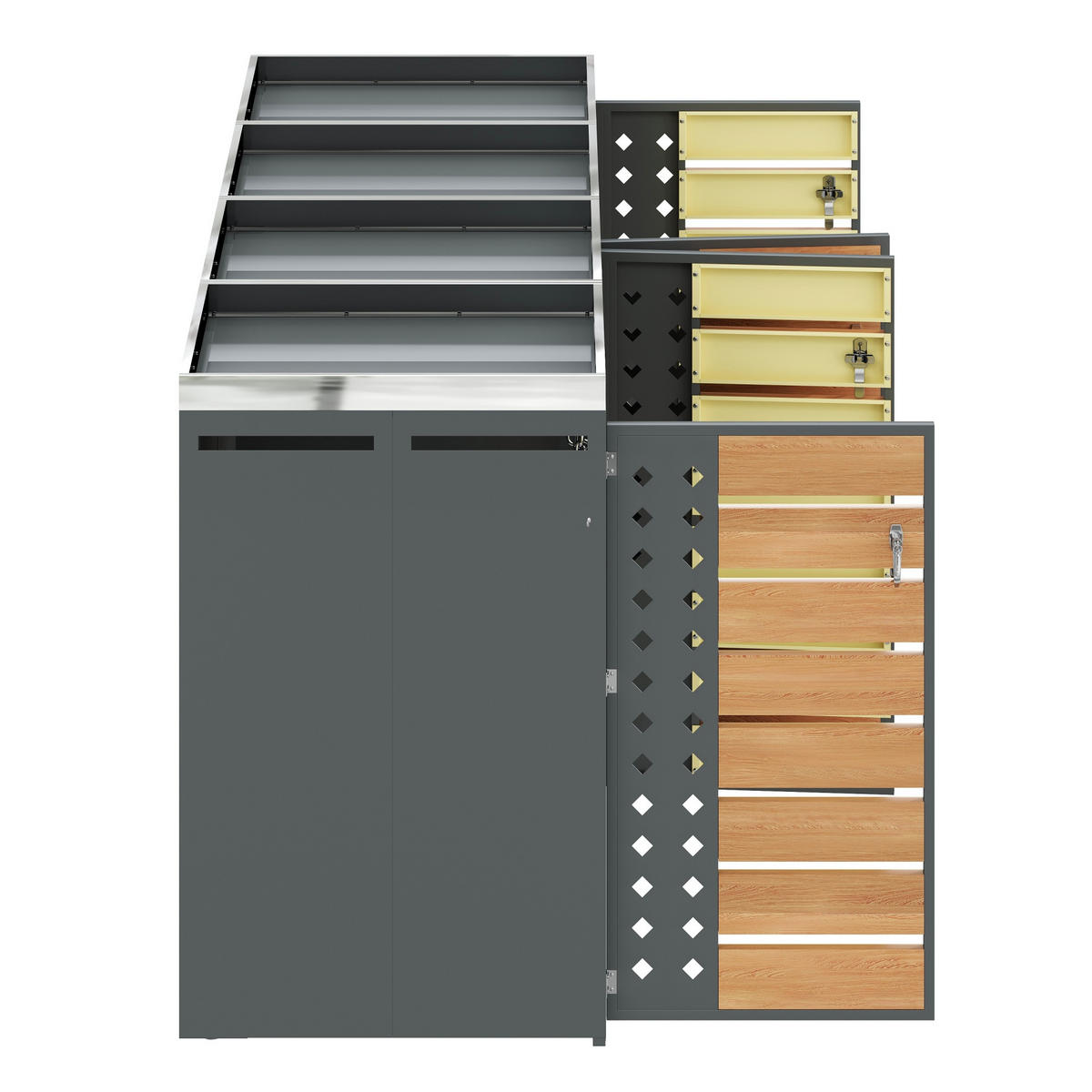 MÜLLTONNENBOX 4 Türen Holzoptik abschließbar Pflanzdach - Multicolor, Metall (160/236/264cm) - FLIEKS