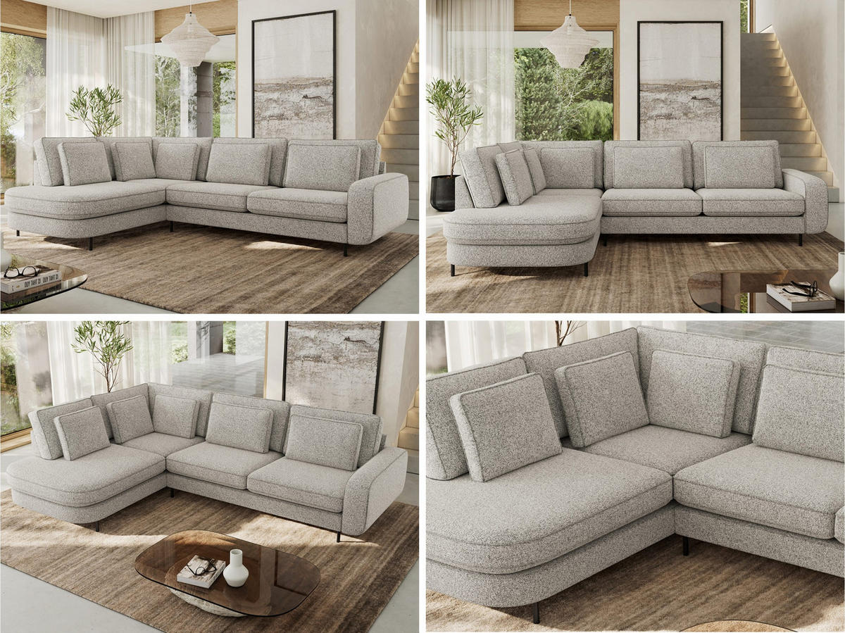 ROHOVÁ SEDAČKA CALENO L - Světle šedá Strukturovaná látka - Pravá Strana - černá/světle šedá, kov/textil (317/225cm) - MKS
