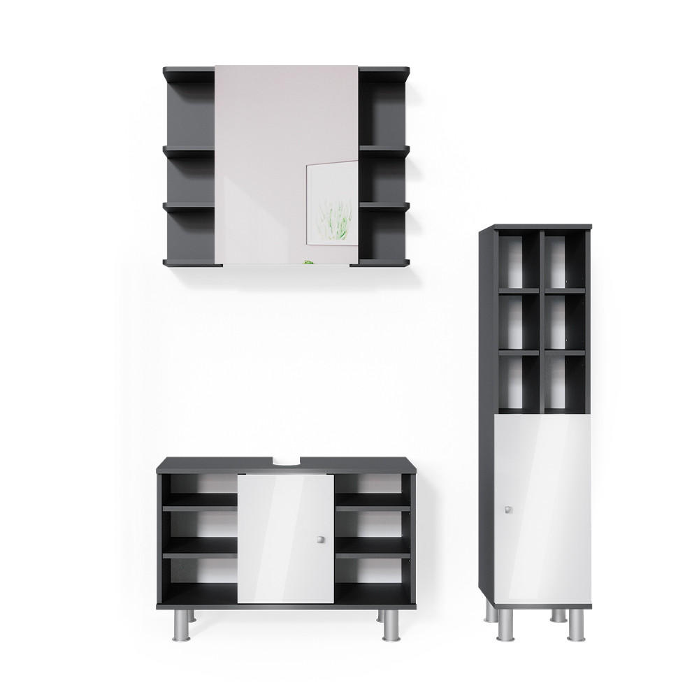 BADMÖBEL-SET Fynn Anthrazit 3 Teile, mit Midischrank Tür groß - Anthrazit/Weiß, Holzwerkstoff (60/54/32cm) - Vicco