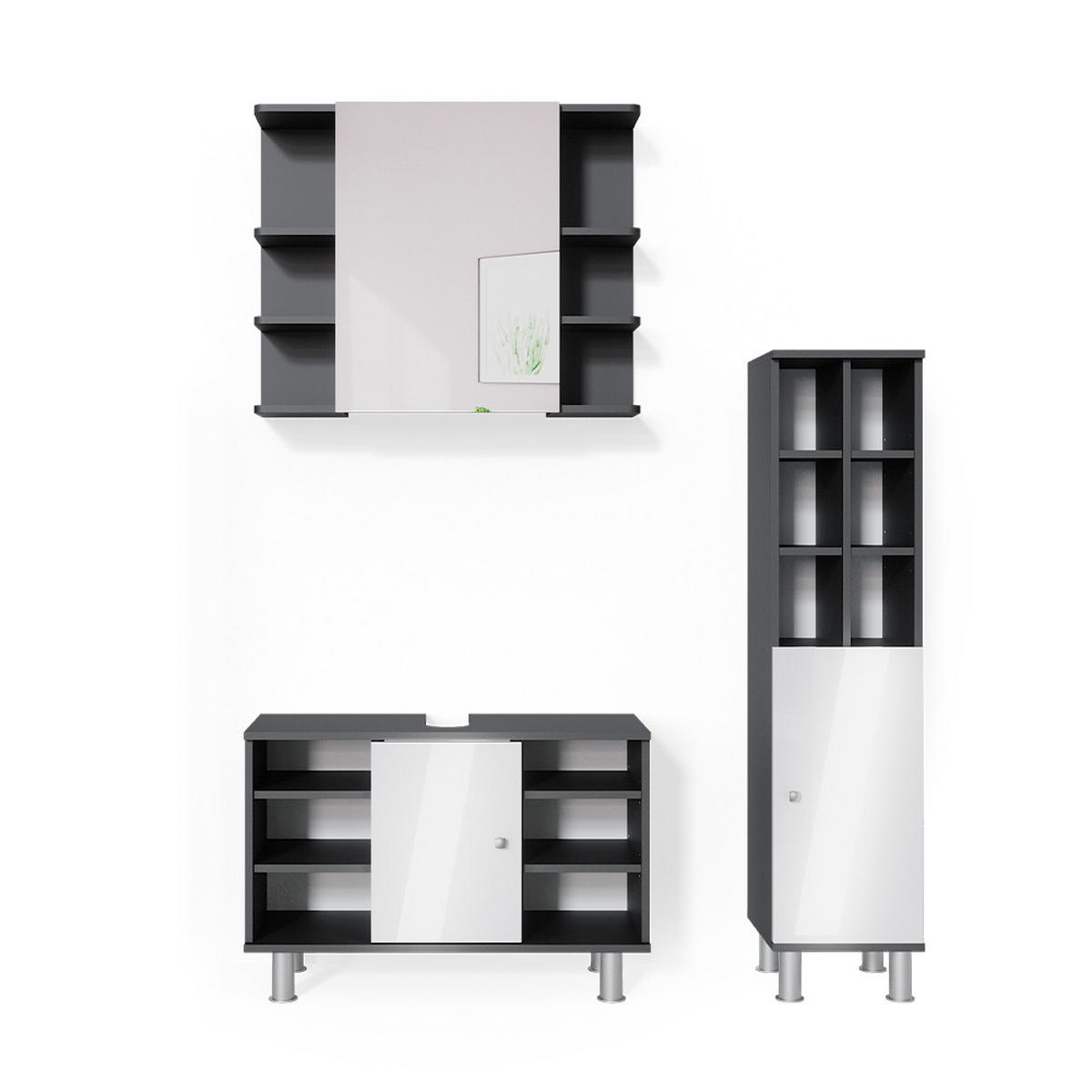 BADMÖBEL-SET Fynn Anthrazit 3 Teile, mit Midischrank Tür groß - Anthrazit/Weiß, Holzwerkstoff (60/54/32cm) - Vicco
