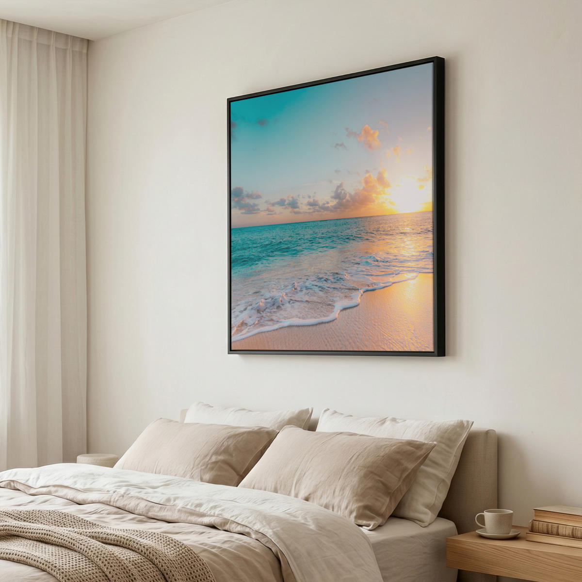 LEINWAND Bilder mit Rahmen - Sonnenuntergang - Strand - Meer - Sommer - Blau - 90x90 - Multicolor, Textil (90/90cm) - MuchoWow