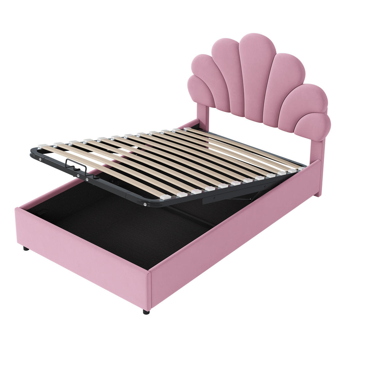 POLSTERBETT 90/200 cm mit hydraulischem Bettkasten, floralem Samt-Kopfteil und Lattenrost, Rosa - Rosa, Textil (90/200cm) - Redom
