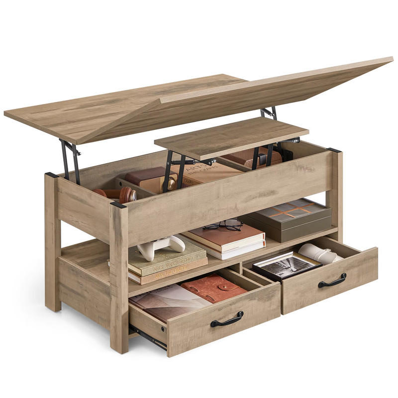 COUCHTISCH Höhenverstellbar Gasdrucksystem 2 Schubladen versteckter Stauraum - Braun, Holz (100/50/64.1cm) - Kaket
