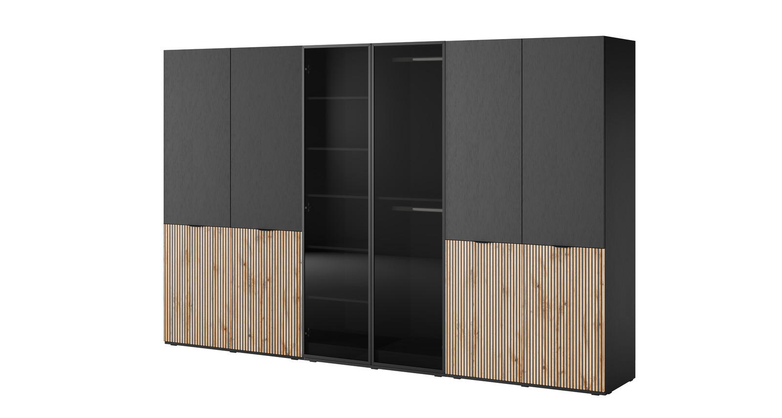 Ravio Kleiderschrank Schwarz, Eiche Wotan 303x200x51 cm