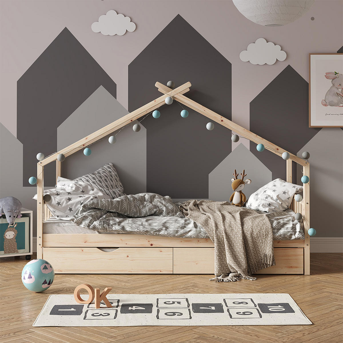 HAUSBETT Design Naturholz 90x200 cm mit Gästebett und Matratze - Naturfarben, Holz (90/200cm) - VitaliSpa