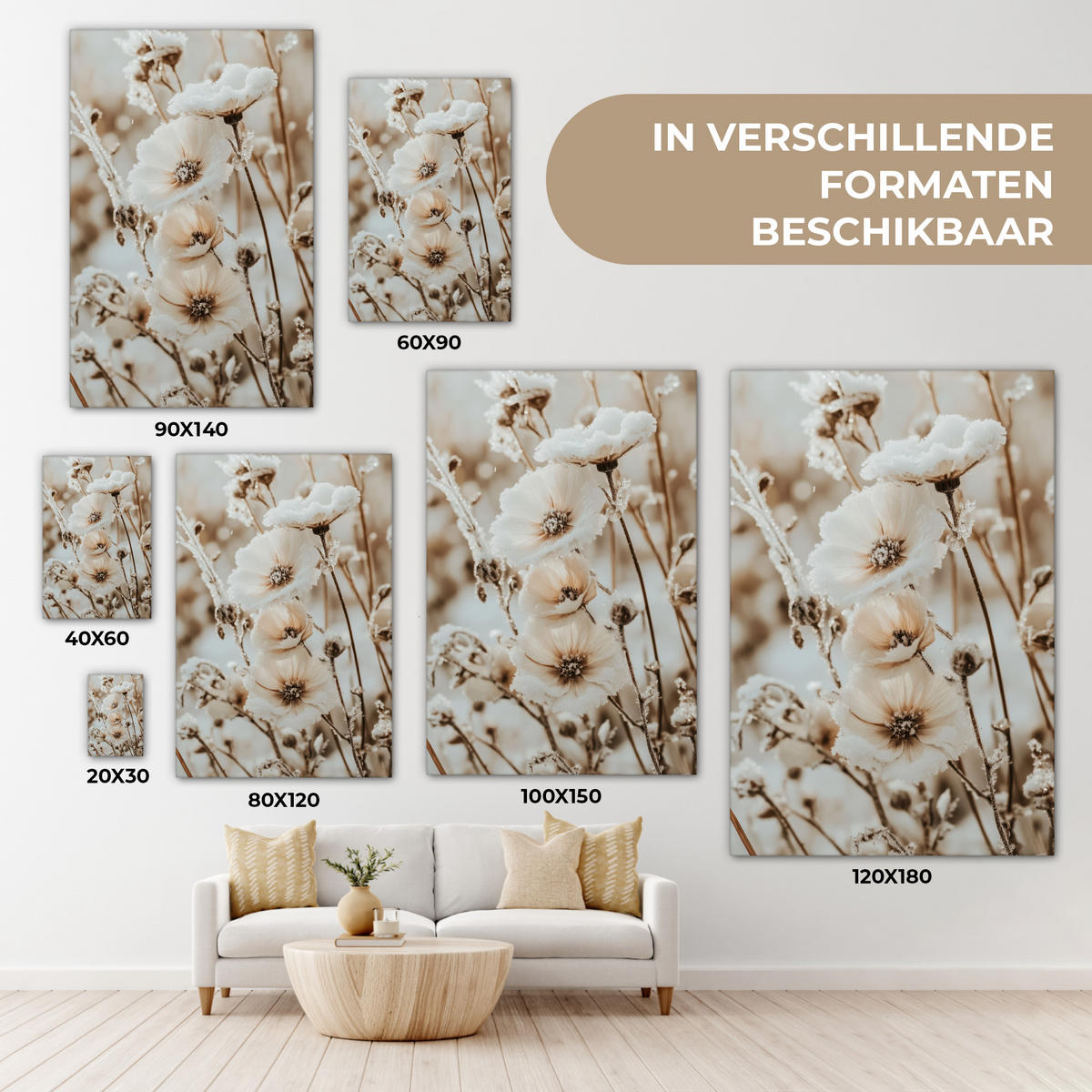 LEINWANDBILD Blumen - Winter - Weiß - Schnee - Beige Wanddeko 40x60 cm - Creme, Textil (40/60cm) - MuchoWow