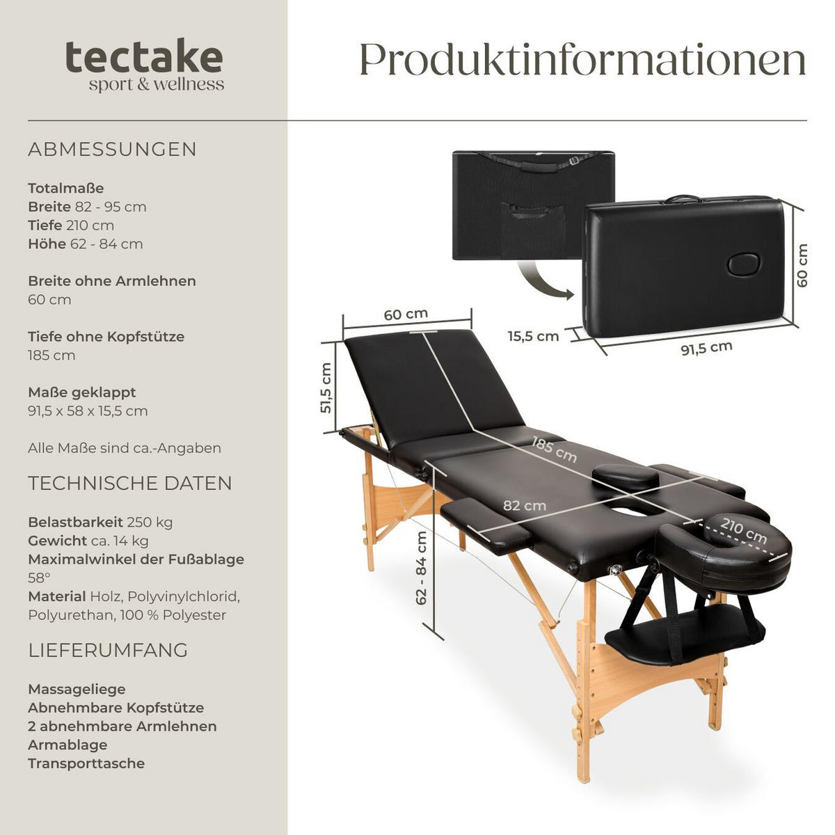 MASSAGELIEGE 3 Zonen Daniel,210 x 95 x 84 cm,schwarz - Schwarz, Holz (60/62/185cm) - tectake