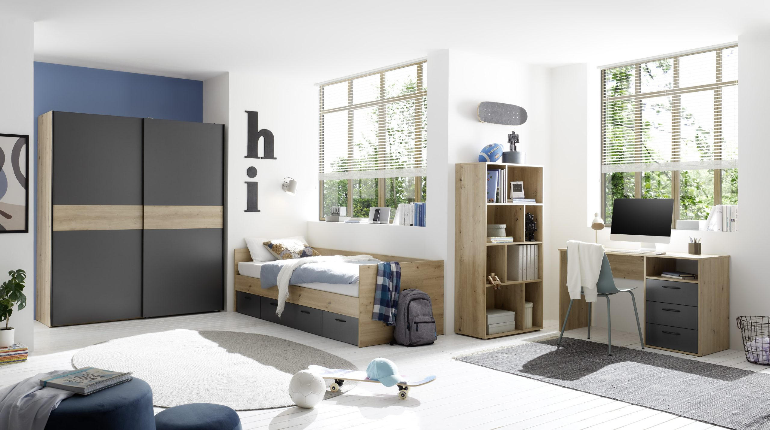 JUGENDZIMMER Liam in Artisan Eiche und Graphit 4 teilig - Braun, Holzwerkstoff (120/200/80cm)
