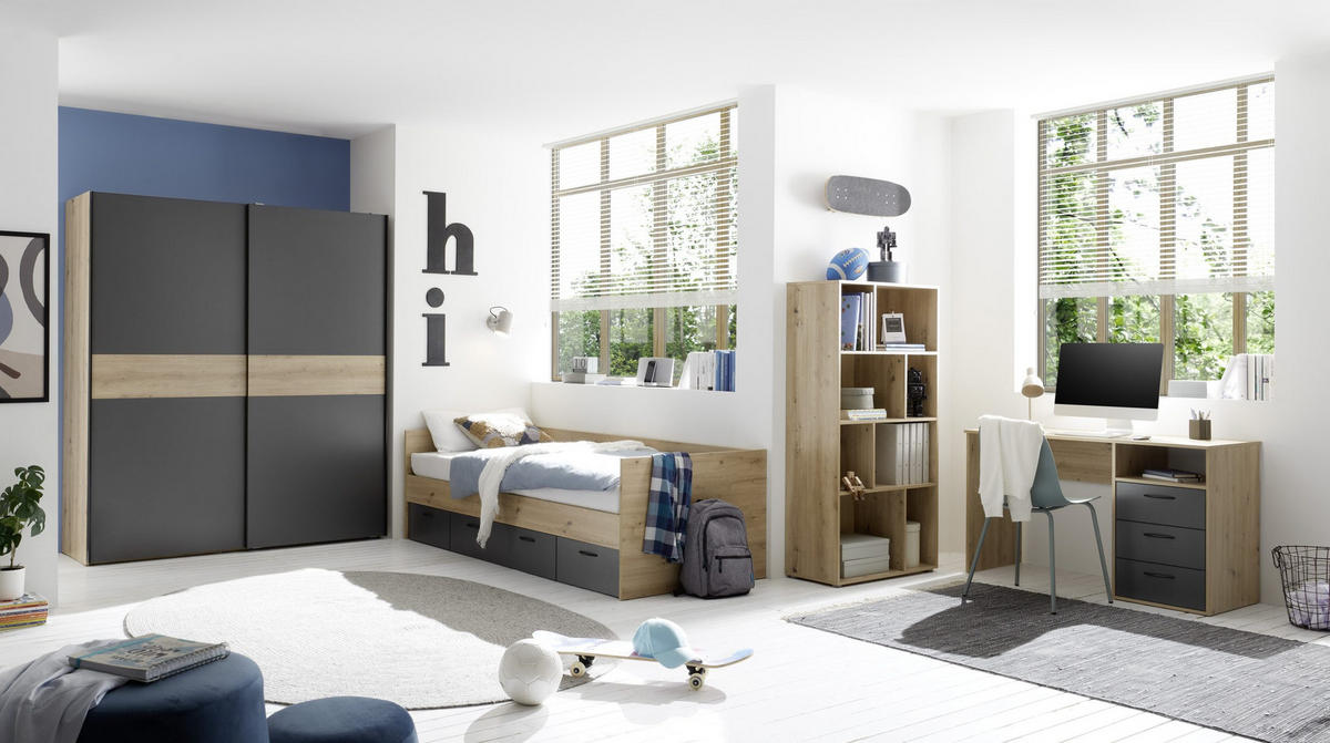 JUGENDZIMMER Liam in Artisan Eiche und Graphit 4 teilig - Braun, Holzwerkstoff (120/200/80cm)